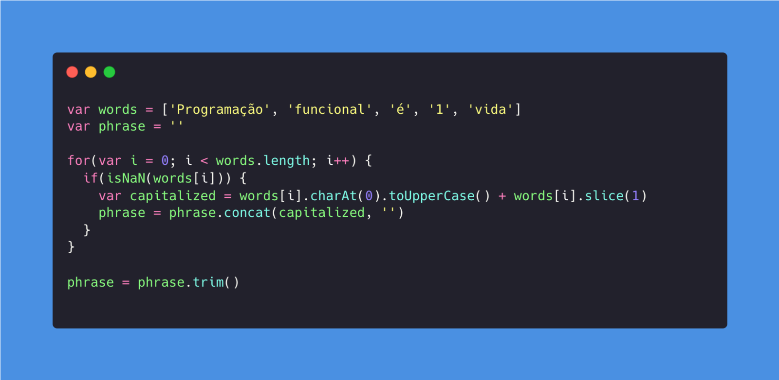Print de uma imagem em fundo preto e azul de linguagem de código, com exemplos de legibilidade de programação funcional