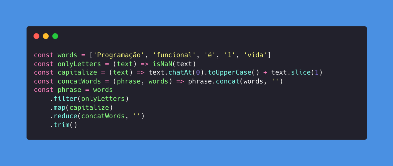 Print de uma imagem em fundo preto e azul de linguagem de código, com exemplos práticos de programação funcional