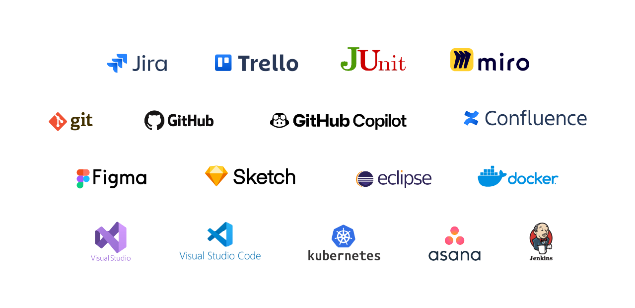 Diversas ferramentas e plataformas de desenvolvimento e gerenciamento de projetos, incluindo Jira, Trello, GitHub, Figma, Docker, entre outros.