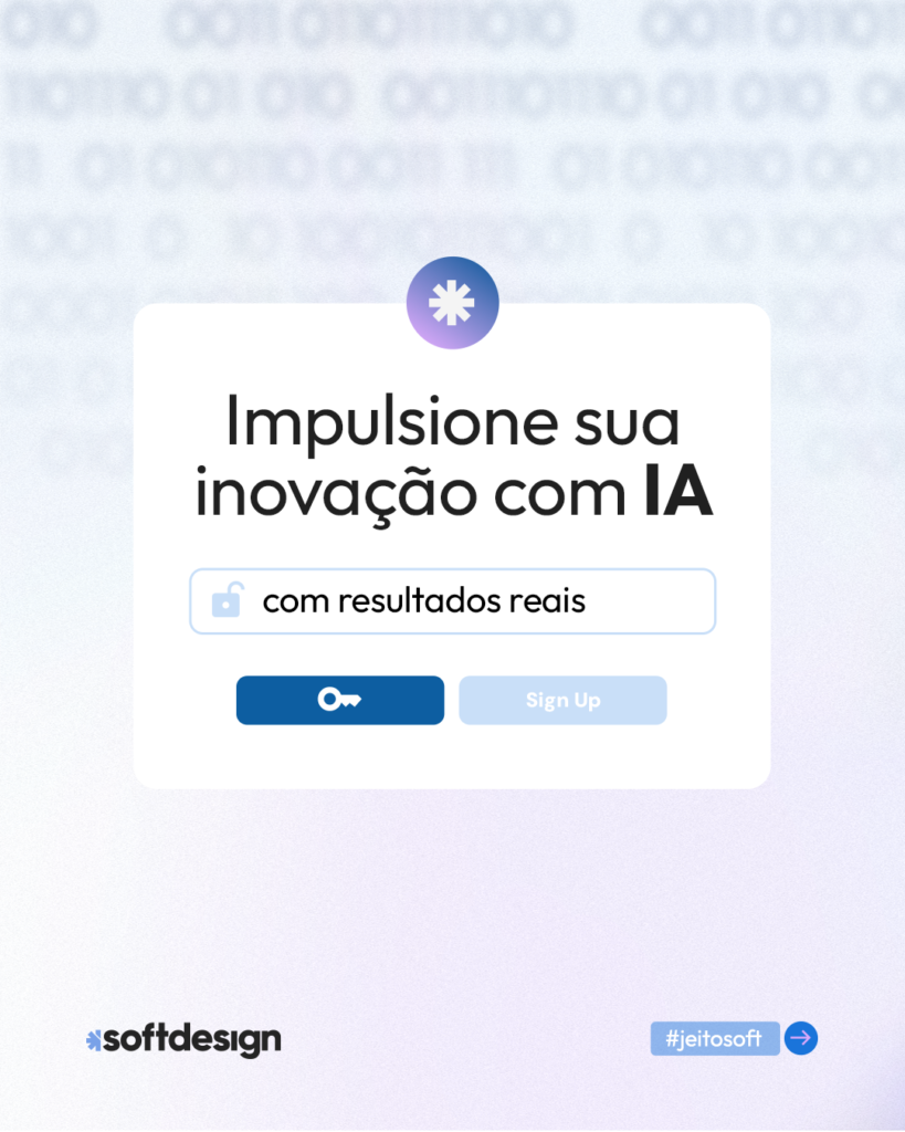 Imagem de uma tela de login de software de IA da Softdesign com texto para impulsionar a inovação com inteligência artificial e resultados reais.