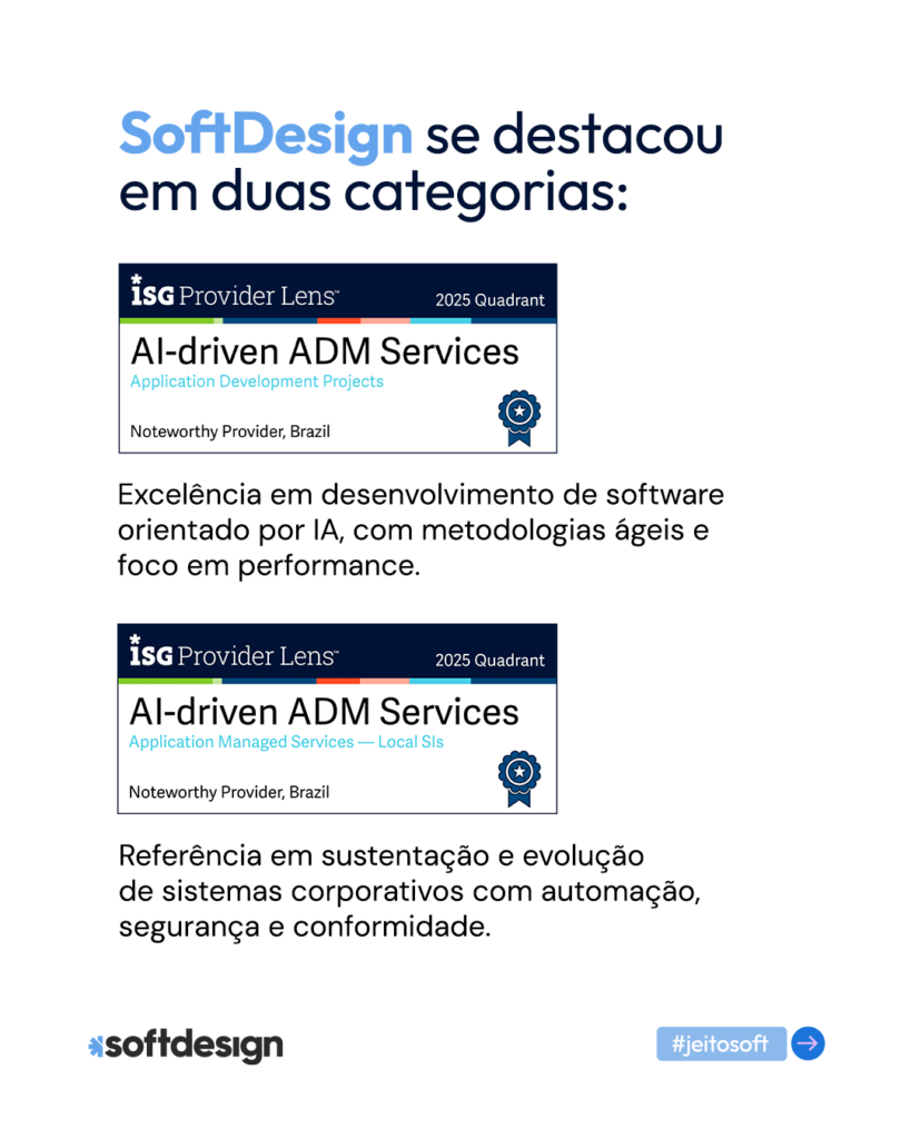 Imagem destacando categorias da SoftDesign no ISG, incluindo servi&ccedil;os de AI-driven ADM, com certificados de qualidade.