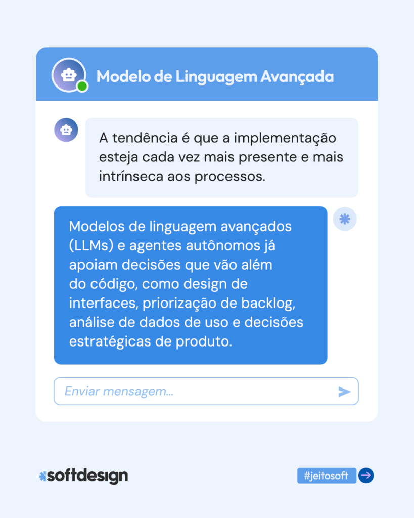 Infogr&aacute;fico sobre modelos de linguagem avan&ccedil;ada e agentes aut&ocirc;nomos, destacando a import&acirc;ncia da implementa&ccedil;&atilde;o cada vez mais presente nos processos.